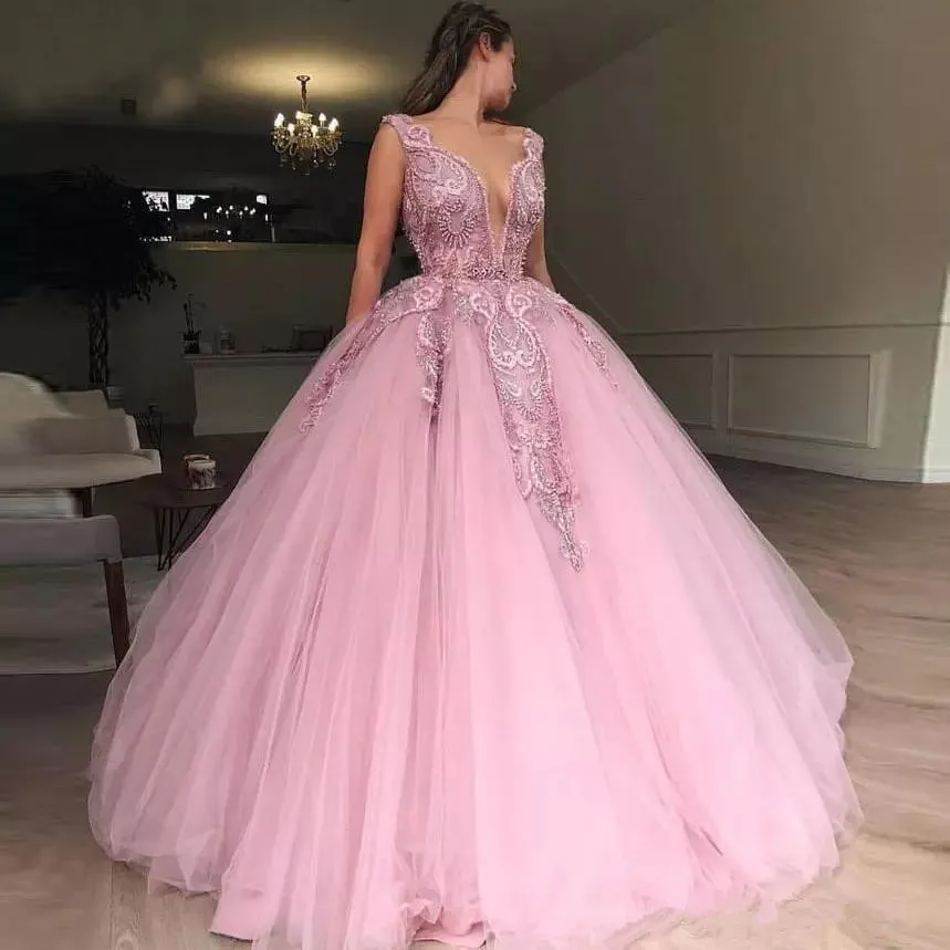Klänning rosa boll prom klänningar pärlstav ren djup v hals spets afton klänningar pärlor arabisk fest klänning vestido de festa s estido