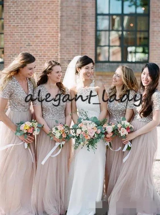 Gold Bridesmaid Champagne Dresses Short Sleeves Sparkly Sequins Tulle A Line Floor Length V Neck Maid of Honor Gown for Country Wedding