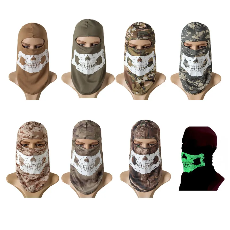 Máscara tática do capô de camuflagem ao ar livre Airsoft Paintball Equipamento de tiroteio de rosto completo brilho no caveiro fantasma escuro no04-105