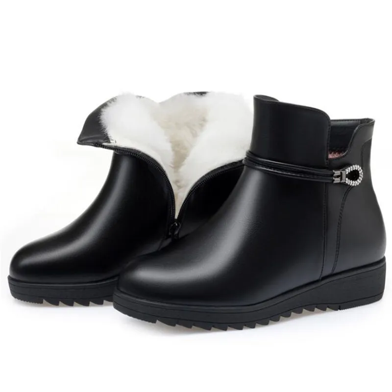 Botas de invierno cálidas de talla grande comodidad interior de felpa/lana zapatos de nieve para mujer cuñas planas antideslizantes botas de cuero genuino botas de nieve