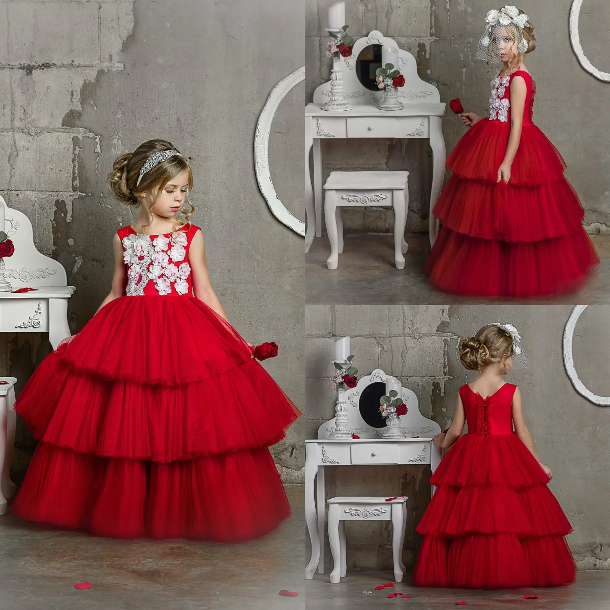 Dollcake 꽃의 소녀 드레스 Tulle Lace 3D 꽃 Appliqu 한 라인 Red Girls Pageant Dress 맞춤 제작 된 계층화 된 스커트 Cute Kids Formown Gown