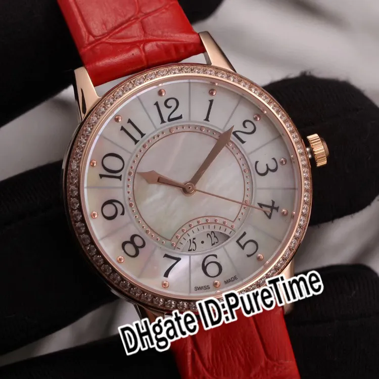 새로운 Q3402530 Rendez-vous 날짜 작은 스위스 석영 숙 녀 Womens Watch 로즈 골드 다이아몬드 베젤 화이트 텍스처 다이얼 레드 가죽 Puretime E83C3