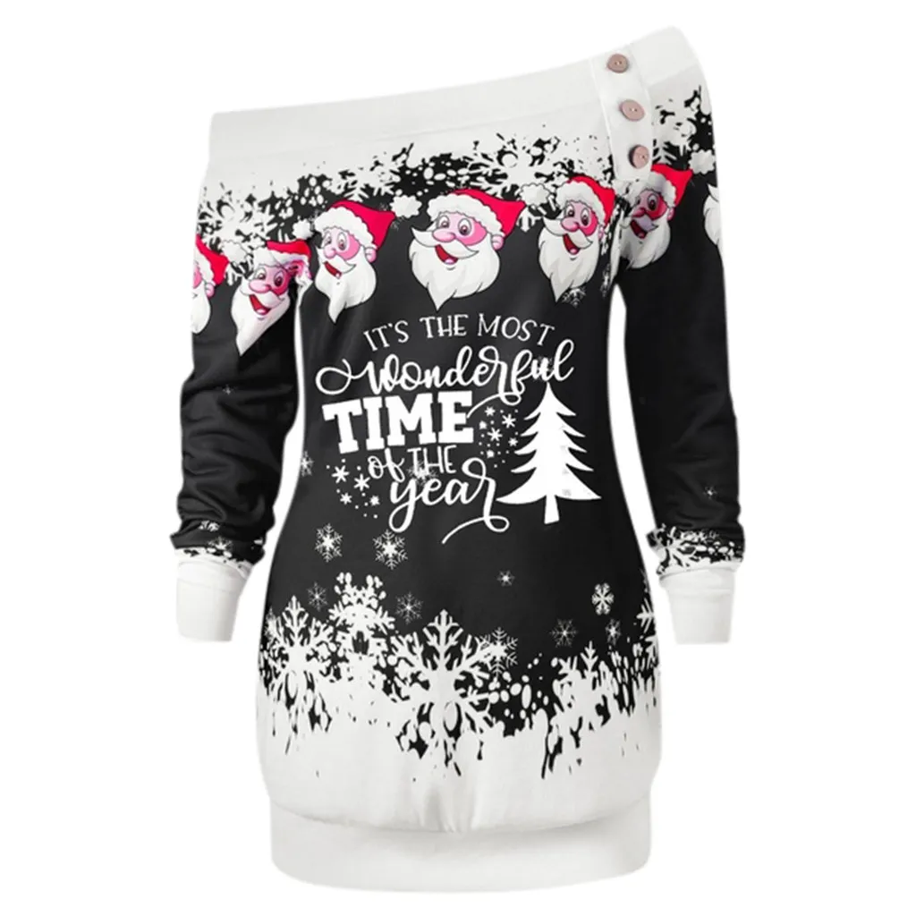 Womens Blouses Shirts Fashion Santa Claus Snowflake Print Blouse