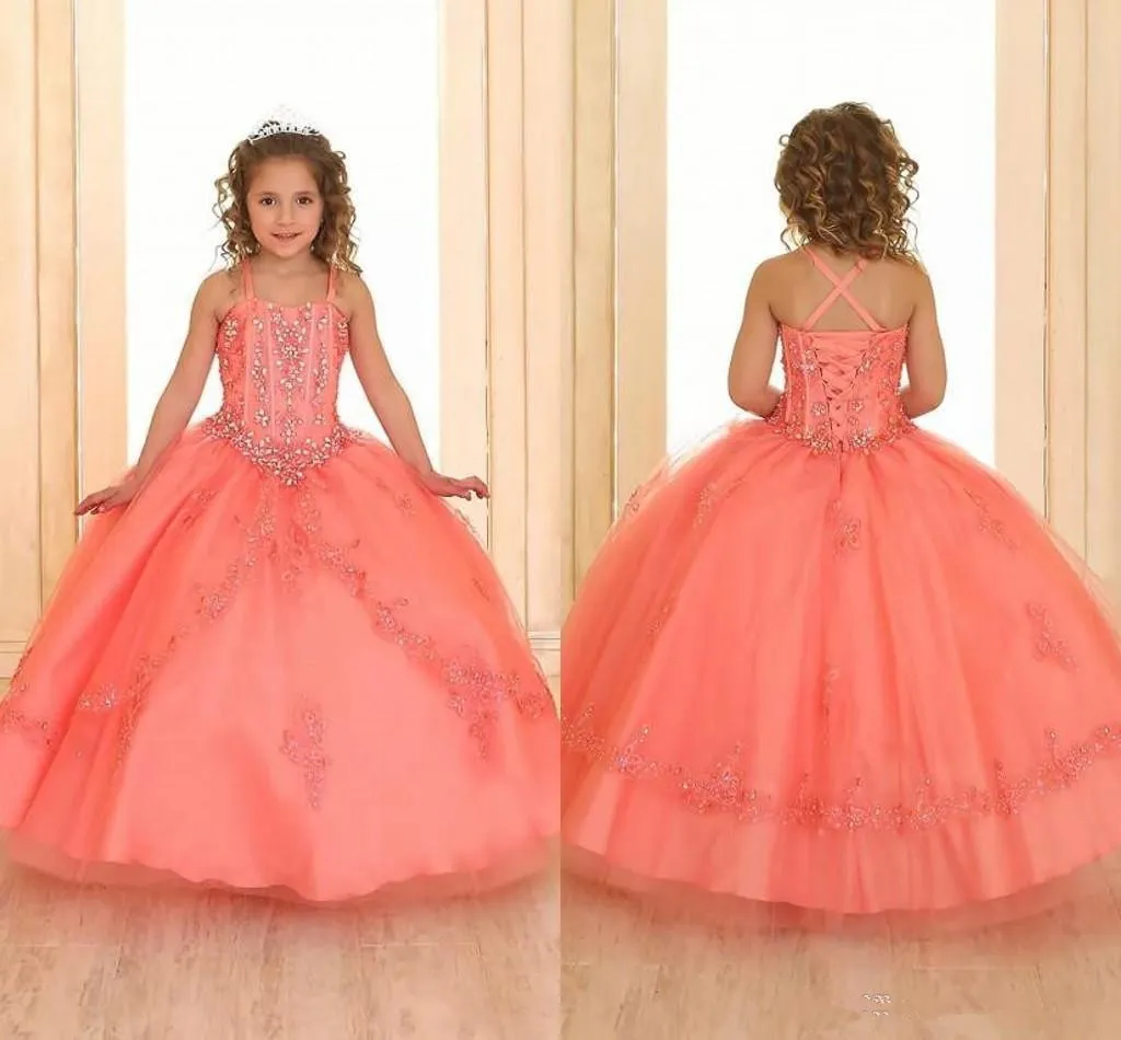 2020 New Coral Girls Pageant Dresses Crystals Beaded Organza Flower Girl Dresses Corset Back Formal Party Pageant Gowns For Teens