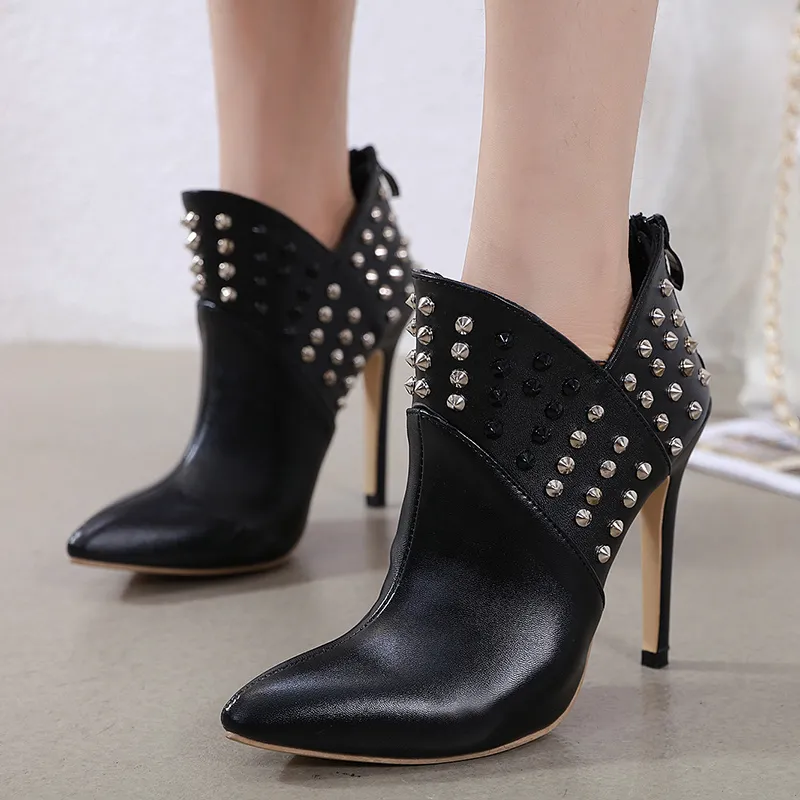 New black rivets high heels designer booties top PU pointed toe ankle booties designer boots fashion women shoes