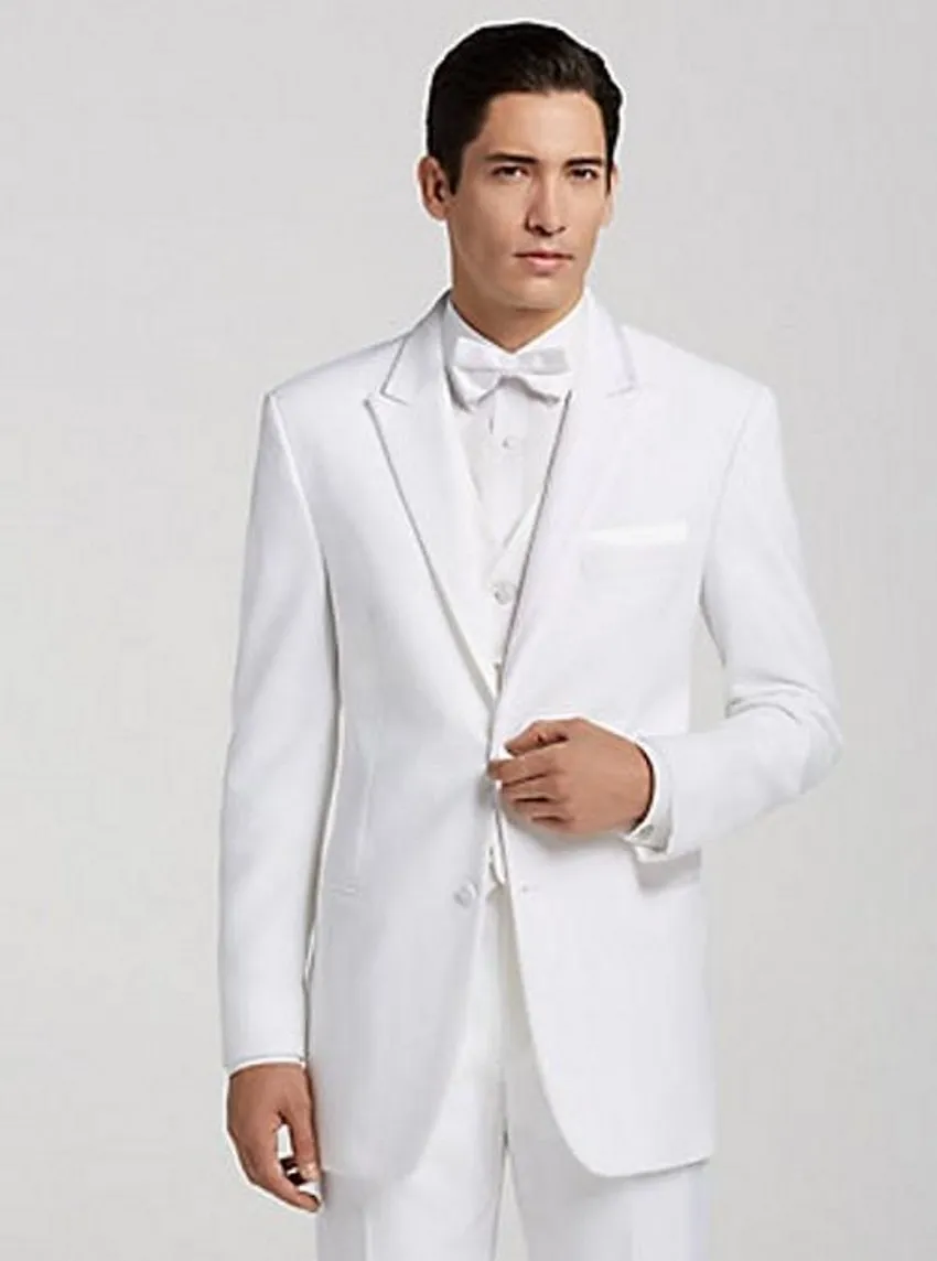 Ny design White Groom Tuxedos Peak Lapel Två knapp Brudgummen Mens Bröllop Tuxedos Populära Man 3 Piece Suit (Jacka + Byxor + Vest + Tie) 132