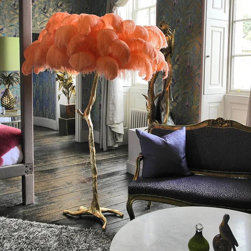 Northern Ostrich Feather Gold Copper Brass Harts Floor Lamp Tripot Standlampor för vardagsrum DECO Salon Drop Ship262p