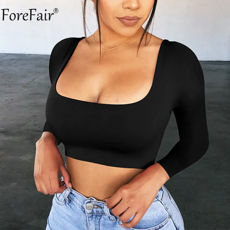 Forefair Vierkante Hals Lange Mouw Crop Top Vrouwen Herfst Lente Wit Zwart Sexy Solid Party Tee Casual Dames T-shirt Basic