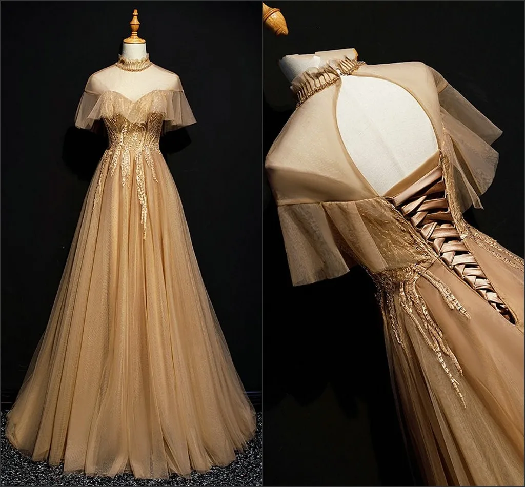 2024 Vintage Boho Prom Gown Embroidered High Neck Empire Waist Corset Back Dress