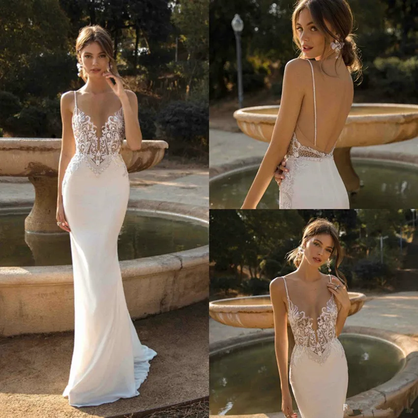 2020 Berta sirène robes de mariée spaghetti sexy dos nu balayage train doux satin robe de mariée bohème sur mesure plus taille robes de mariée
