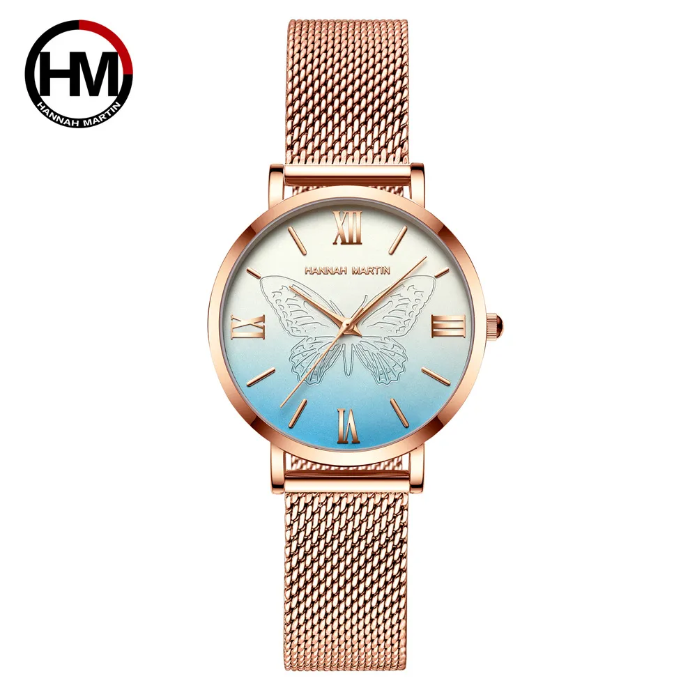 Top Edelstahl Mesh Armbanduhr Japan Quarzwerk SK Rose Gold Designer elegante Stil Uhr für Frauen HM13620