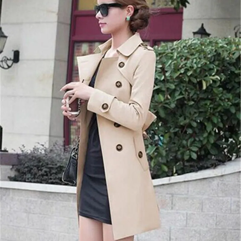 New Fashion Hot Sale Women Slim Charm Double Breasted Female Long Trench Turn Down Collar Solid Pattern Trench TR050