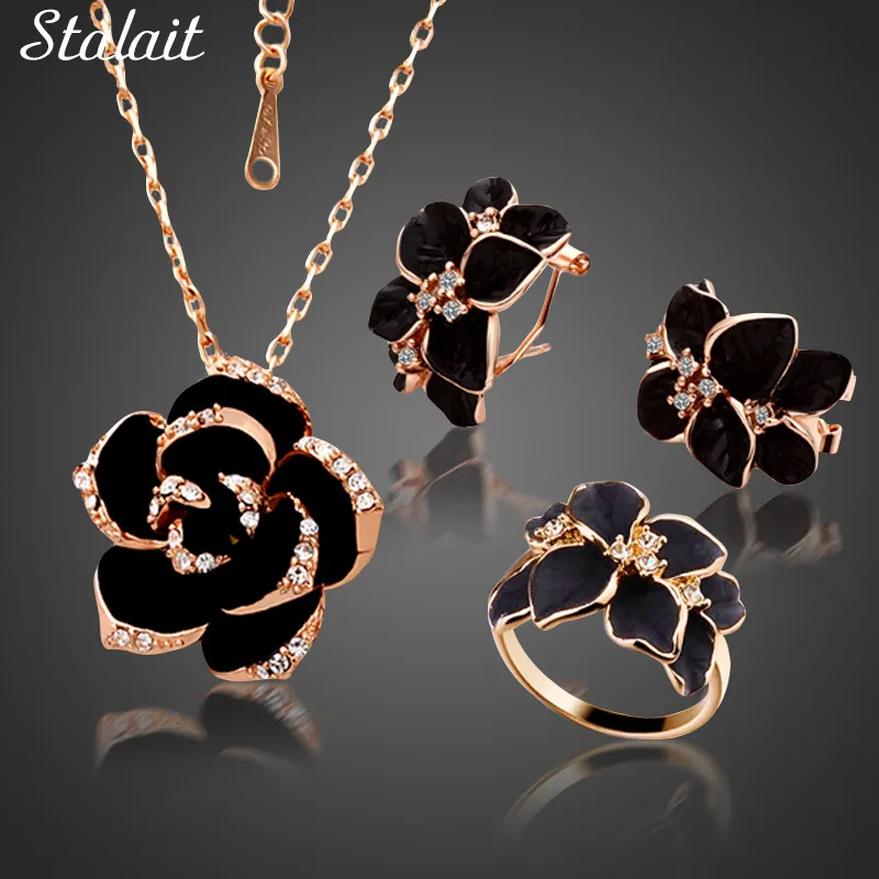 Set di gioielli in smalto fiore rosa moda Braccialetti color oro Set di gioielli da sposa in pittura nera per donna 82606