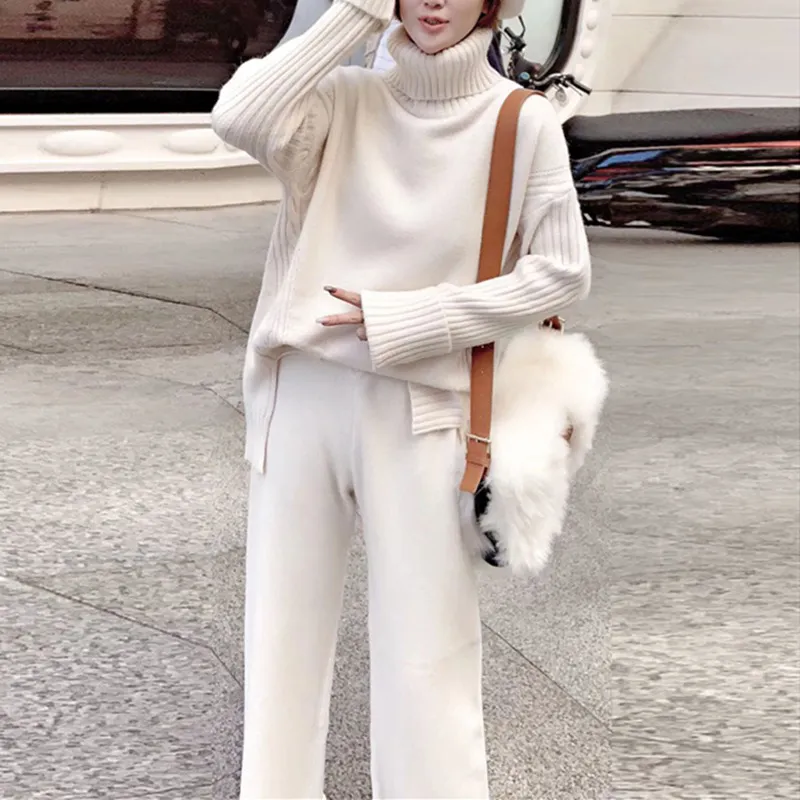 Two Piece Dress Sweater Set Women Winter Knitted Suits 2 Soild Turtleneck + Loose Trousers Office Lady Suit 2021 Warm Pullover