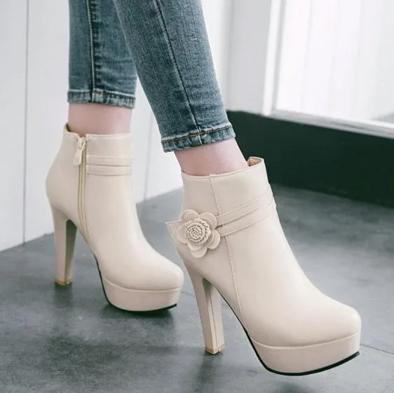 size 34 to 42 43 pink white flower wedding boots comfortable chunky heel ankle booties luxury designer women boots