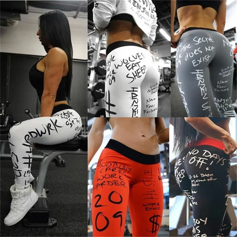 Mulheres moda graffiti letra impresso calças senhoras fitness leggings ginásio exercício esportes longos calças elásticas cintura skinny calça