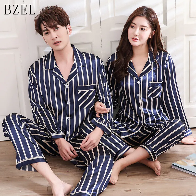 BZEL Silk Satin Pajamas Sets Couples Sleepwear Striped Pijama Femme Long Sleeve Pyjamas Lovers' Clothes Casual Home Wear