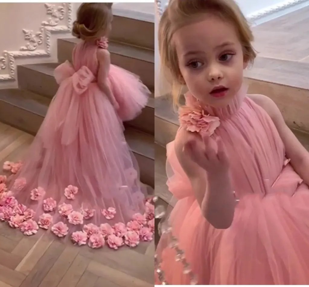 Lovely Pink Flower Girl Dresses Long 2020 High Neck Pleated Hand Made Flowers Teens Party Dress