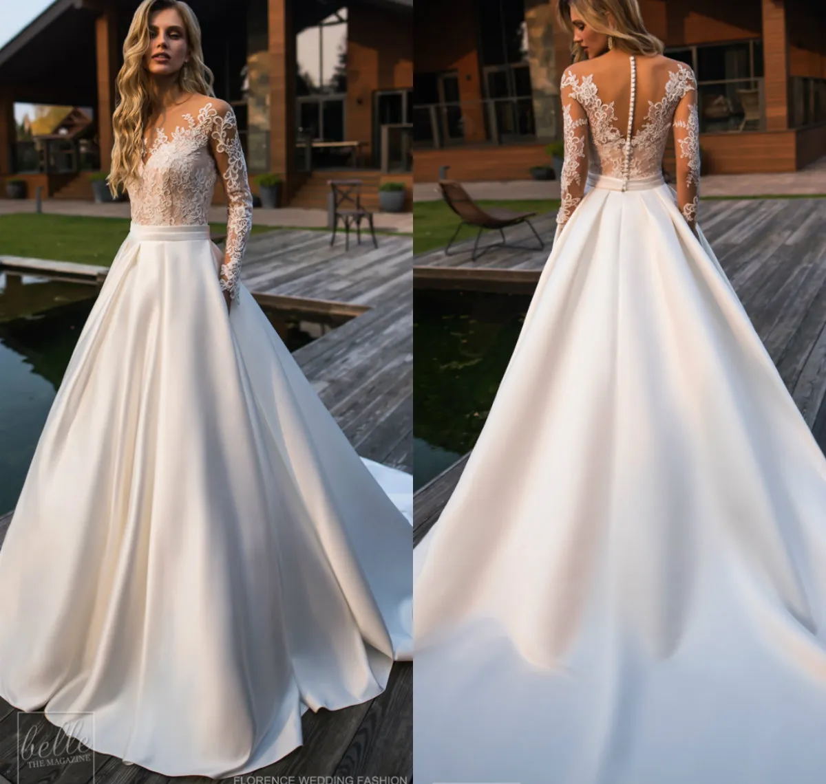 Simples vestidos de casamento de renda pura jóia pescoço uma linha saia de cetim varredura trem apliques manga longa vestidos de noiva lindo vestido de casamento boho