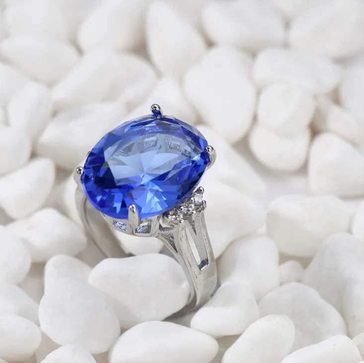 10 قطع Luckyshine Oval Swiss Blue Tapaz Gems Crystal Cubic Zirconia Rings 925 Sterling Silver Rings Women Engagemets Holiday GI284O