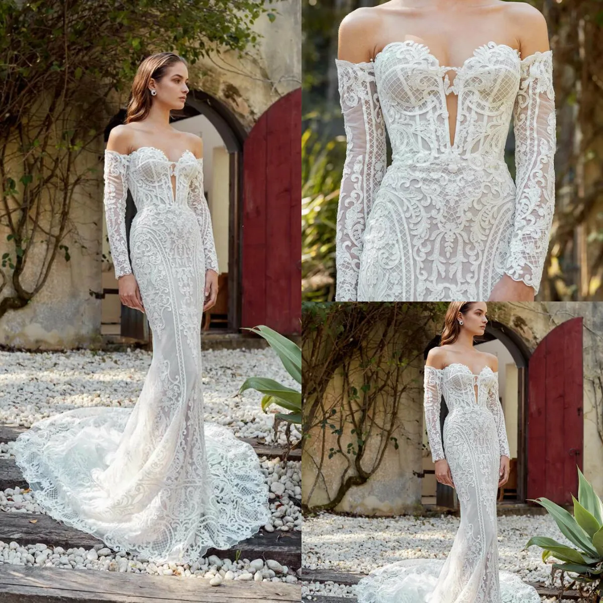 2019 Lace Mermaid Bröllopsklänningar Lace Appliqued Sweetheart Sweep Train Långärmad Brudklänningar Strand Robe de Mariée Bohemian Bröllopsklänning