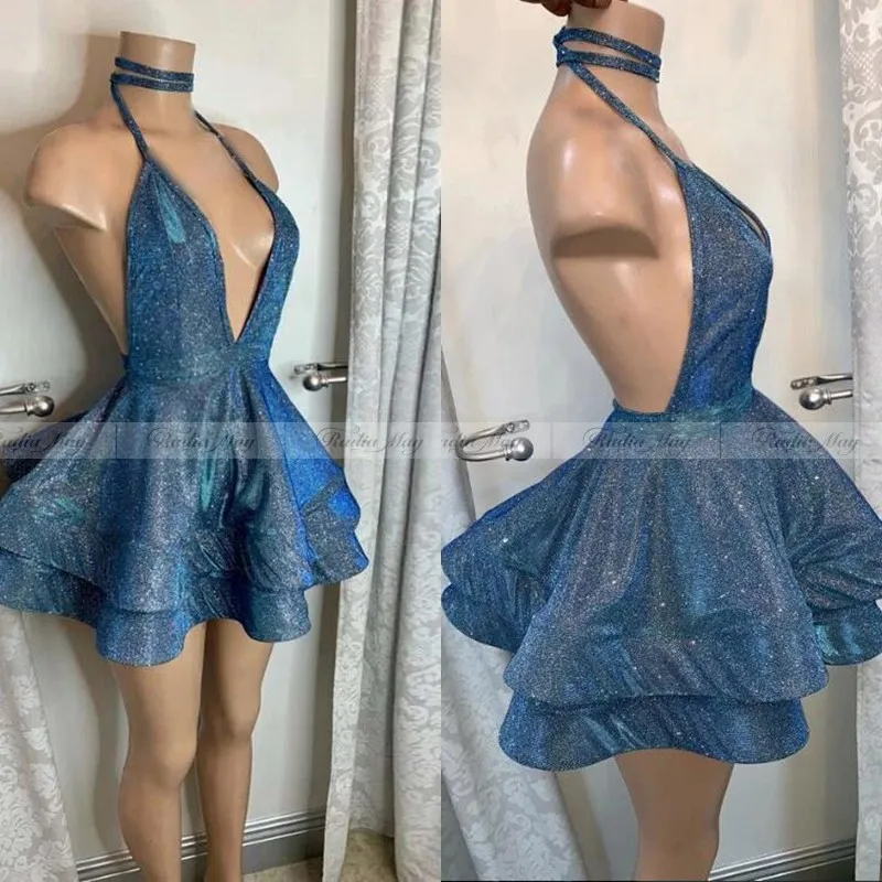 Vestidos de Fiesta cortos de lentejuelas azules brillantes, vestidos de fiesta africanos con cuello en V profundo y espalda descubierta, vestidos de graduación africanos