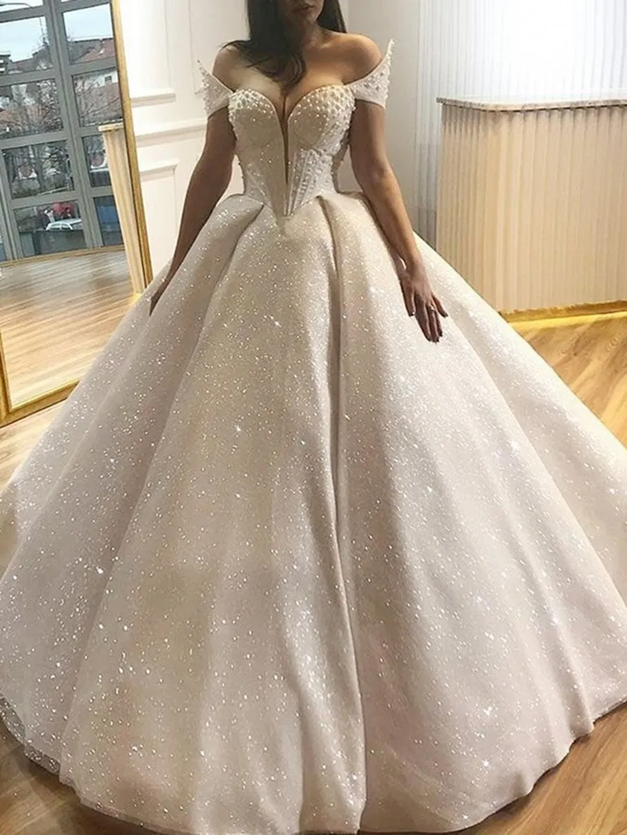 2020 neue Ballkleid Schatz Perlen Pailletten Hochzeit Kleid Weg Von der Schulter Bodenlangen Brautkleider vestidos de noiva