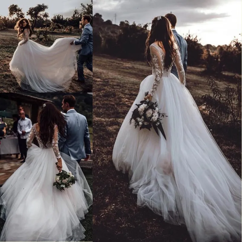 2019 Boho-Hochzeitskleider im Landhausstil, V-Ausschnitt, lange Ärmel, Spitze, Tüll, Strand-Brautkleider in Übergröße, nach Maß