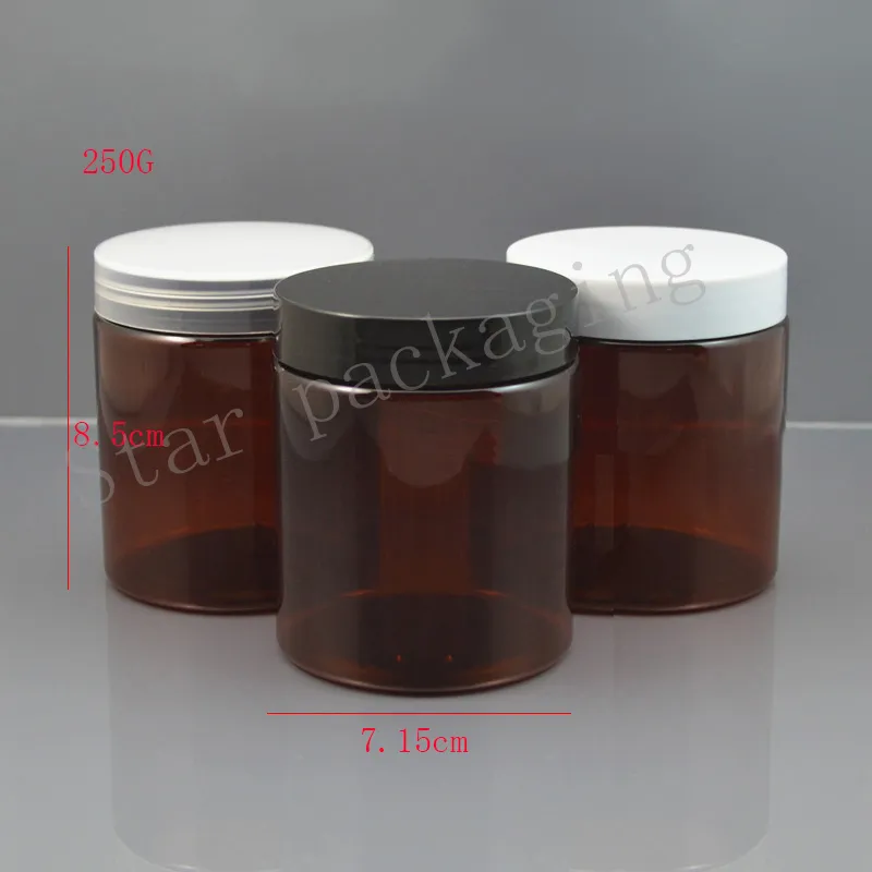 (30 STKS) 250G Lege Bruin Thicken Pet Cream Jar 250cc Solid Parfums Container met Wit / Zwart / Duidelijk Plastic Schroefdop Bottle