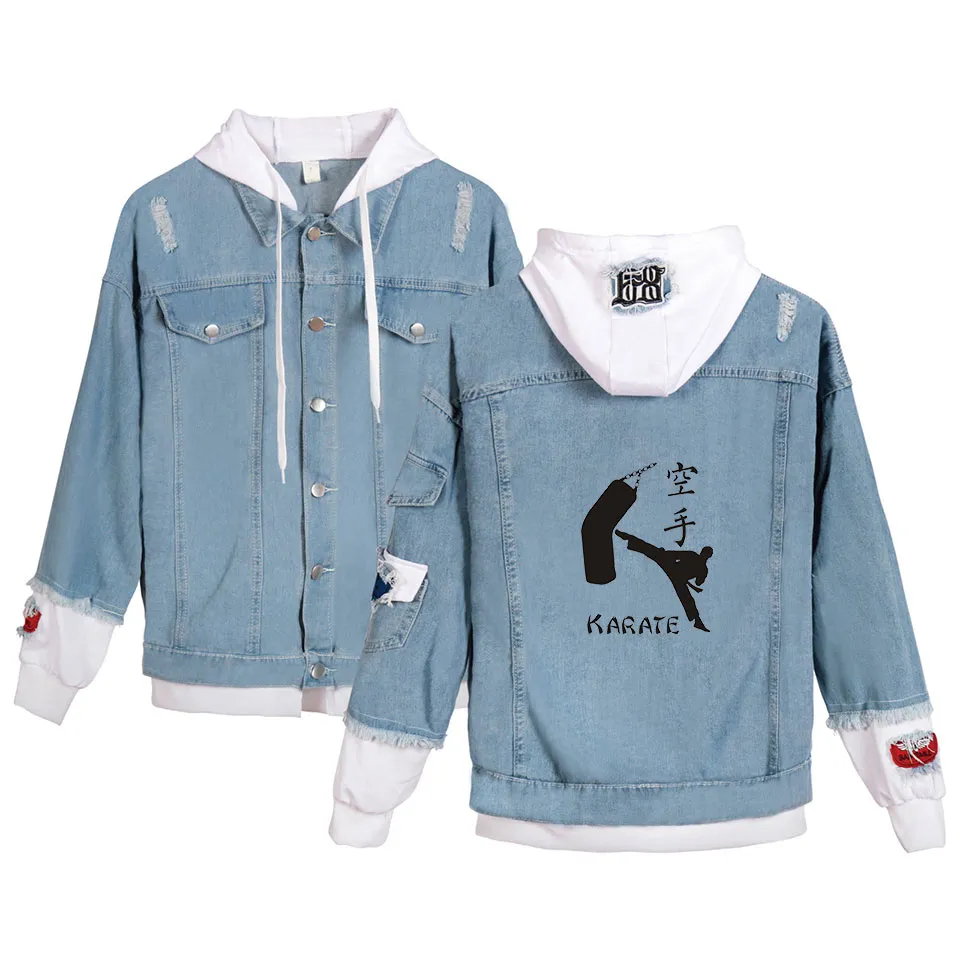 kyokushin denim jean stitching jacka män / kvinnor heta nya jeans hoodie slitage kläder kyokushin hoody höst vinter all-match kappa