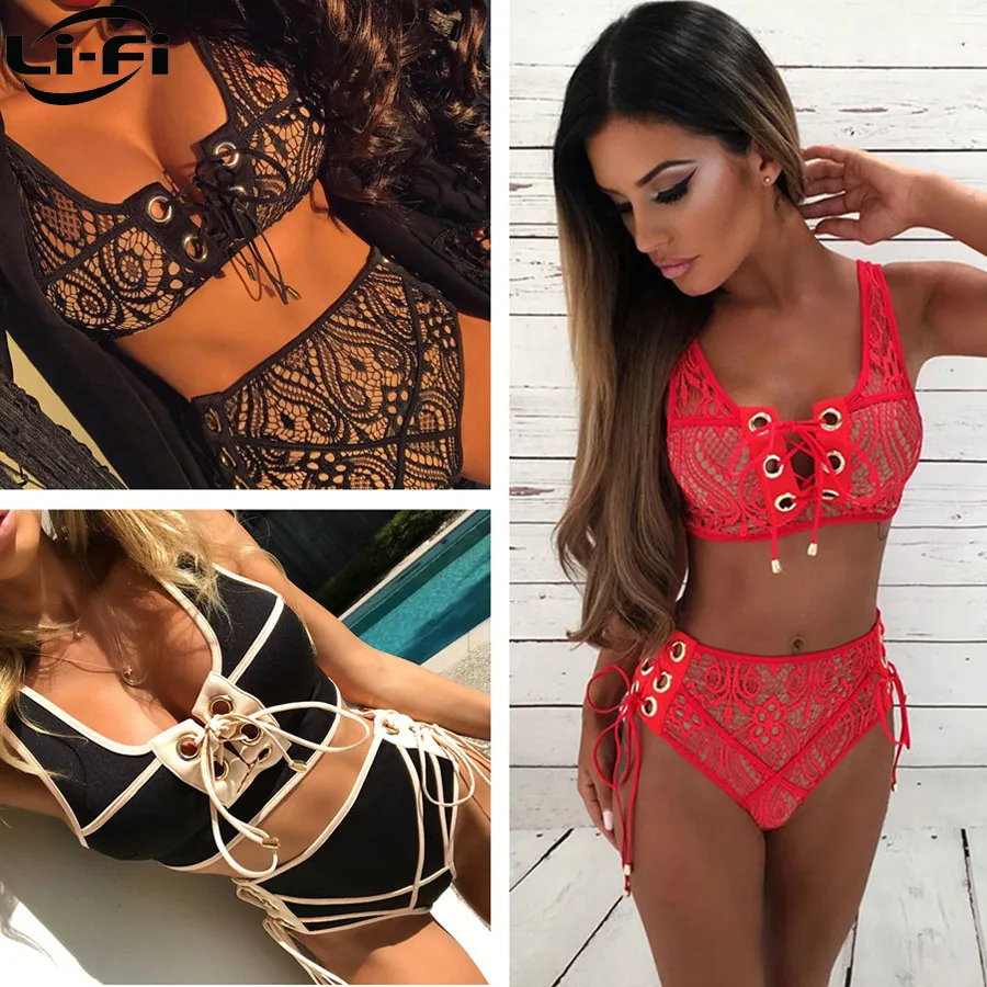 LI-FI 2019 Seksi Bikini Kadınlar Mayo Push Up Yüksek Bel Dantel Mayo Halter Bikini Set Plaj Mayo Yüzmek Giyim Maillot