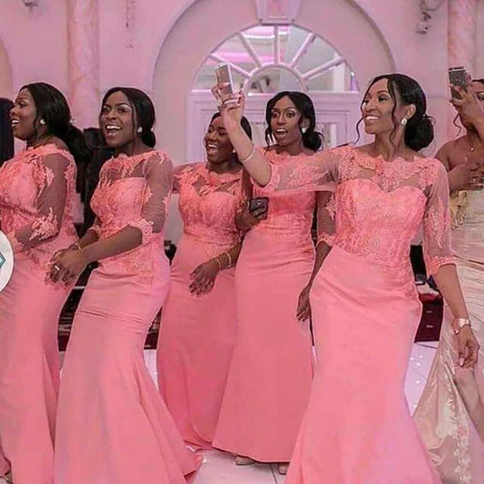 Elegant Coral Long Bridesmaid Dress 3/4 Sleeves Nigerian Wedding Ceremony Dress Maid of Honor Wedding Party Bridesmaid Dresses BD8935