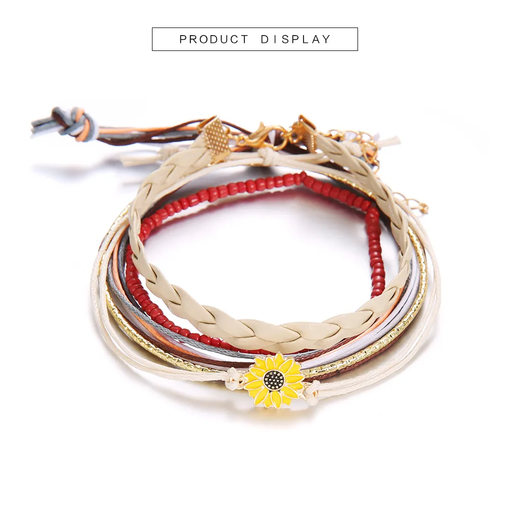 Bohemian 5 piece set small daisy leather rope bracelet ladies girl teen beach waterproof fresh temperament hand rope