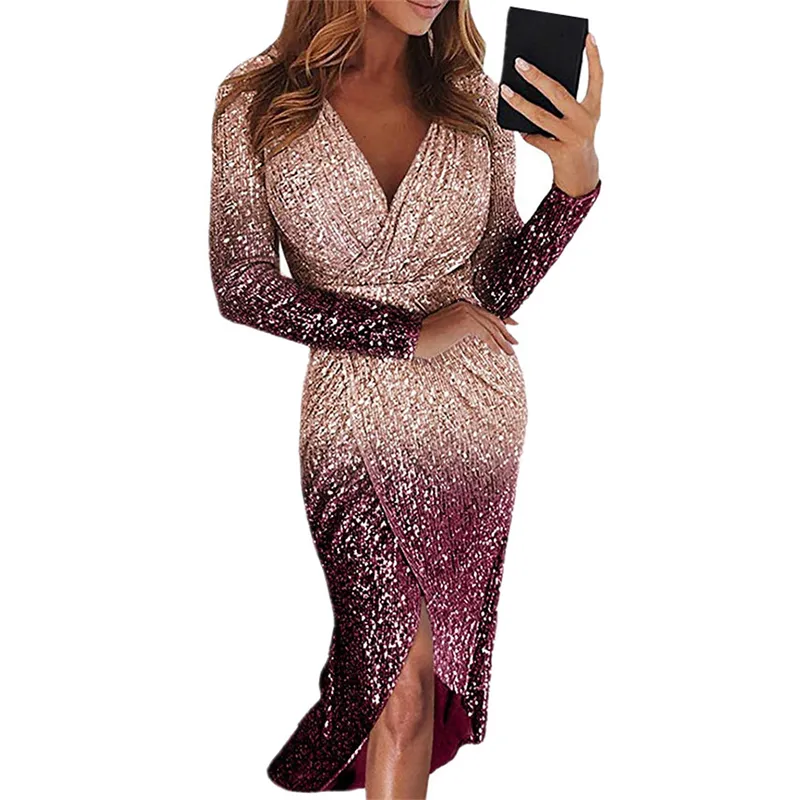 Sexiga Party Midi Dresses Hi-Lo Kvinnor Deep V Neck-Sequins Wrap Ruched Långärmad Nattklubb Klänning Vinter