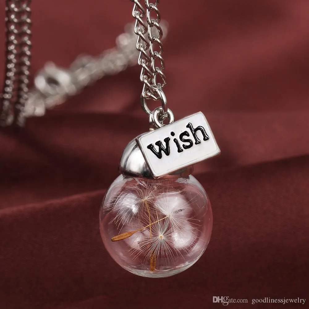 Glass bottle necklace Natural dandelion seed in glass long beautiful necklace jewelry Make A Wish Glass Bead Orb silver plated Necklace
