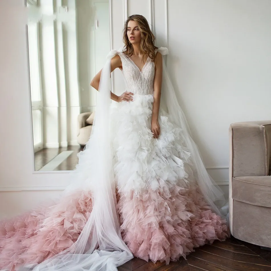 white wedding dress with pink accents Blush Pink Wedding Dresses V Neck Lace Appliques Princess A Line Bridal  Gowns