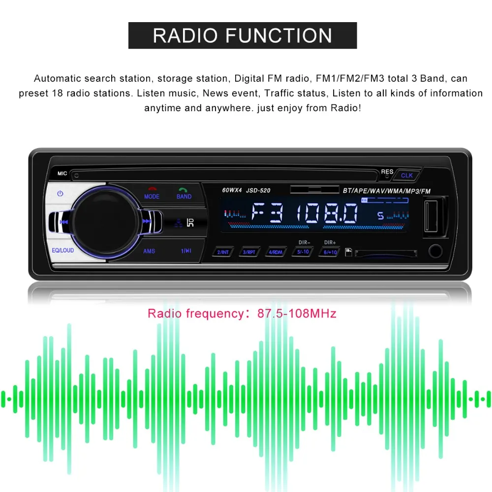 Generic Poste Auto Radio Universel JSD-520, 12V, FM, Bluetooth