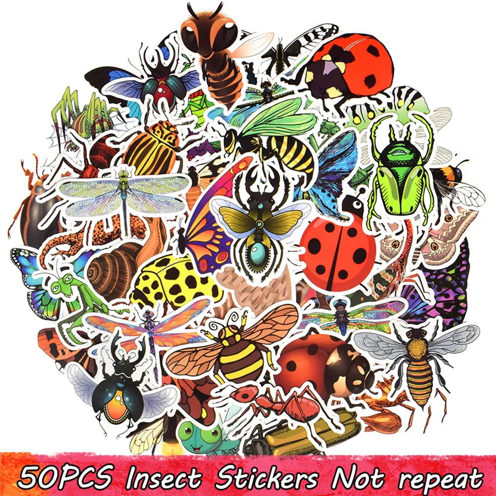 50 stks Waterdichte Natuur Insect Vinyl Stickers Bomb Laptop Waterfles Scrapbooking Bagage Skateboard Fietsauto voor kinderen Tieners DIY