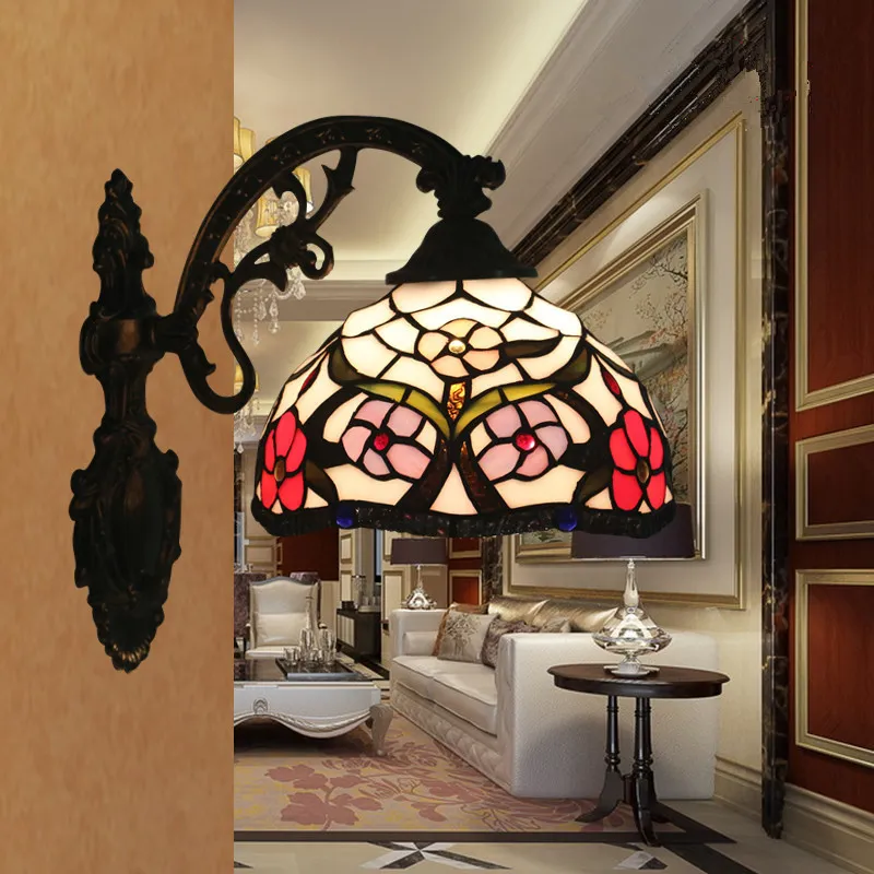 Tiffany Glass Shade винтажный светодиодный настенный лампа барокко европейская гостиная спальня Стена Стенка Свет