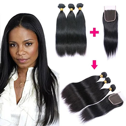 Brazilian Straight Human Virgin Hair Weaves With 4x4 Lace Closure 100g/pc Natural Black Color 1B Double Wefts Hair Extensions