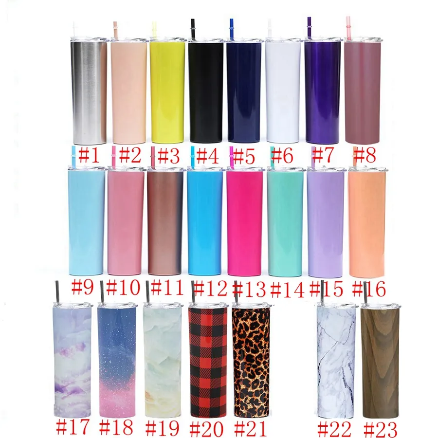 20oz Skinny Stainless Steel Cups 600ml Leopard Grid Straight Tumbler Water Mugs Outdoor Sport Bottle Vacuum Cup With Straws Lid RRA3165