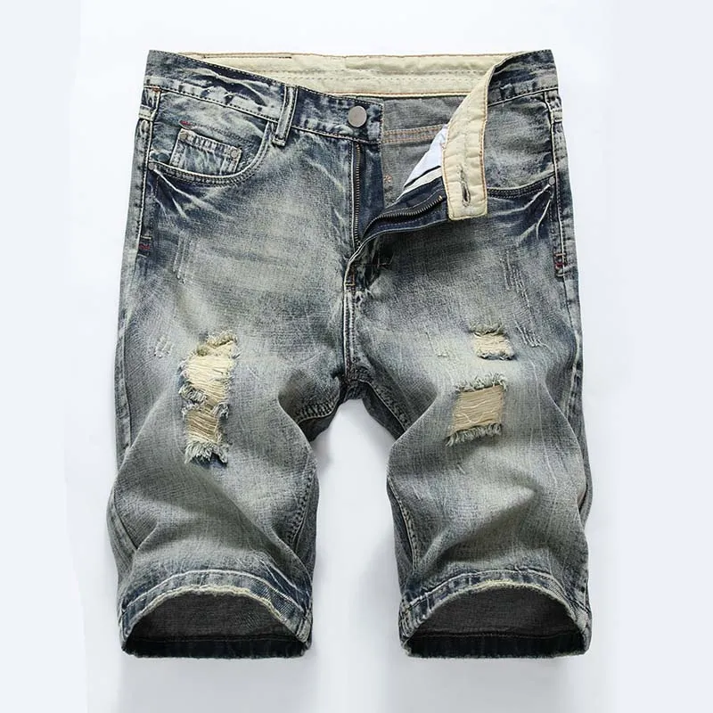 Novos homens motociclista calças curtas angustiado cintura média magro rasgado buracos denim shorts masculino designer jeans