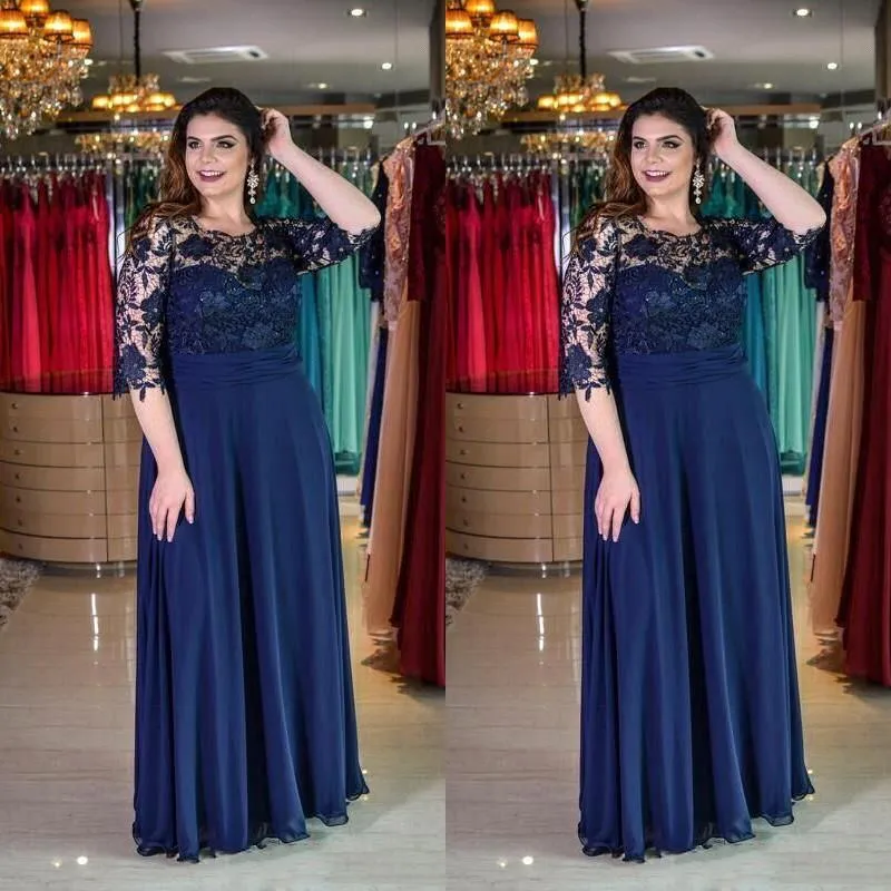 Plus Size Navy Blue A-lijn Kant Moeder van Bruid Bruidegom Jurk Juweel Hals Chiffon Vloerlengte 1/2 Mouw Formele Jurk Evening Jurken Custom Made