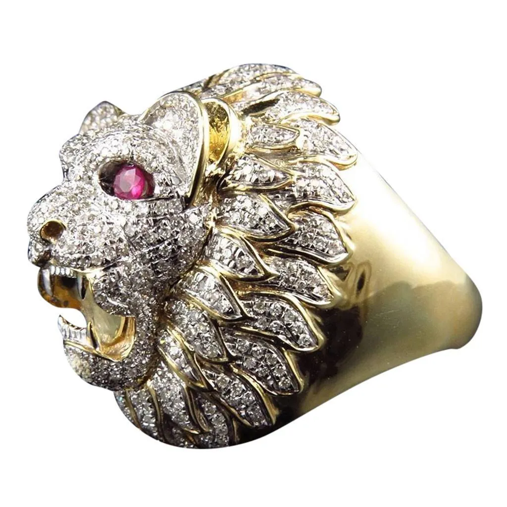 Stilvoller Schmuck, romantisch, elegant, Herrenringe, Herrenmode, Punk-Stil, Löwenkopf, Gold gefüllt, natürlicher Edelstein-Ring, DSHIP