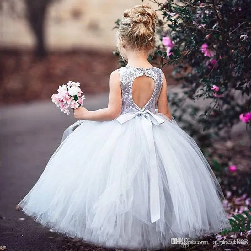 Silver Sequins Ball Gown Puffy Tulle Flower Girls Dress for Princess Party Wedding Bridesmaid Custom Made Keyhole Back Design