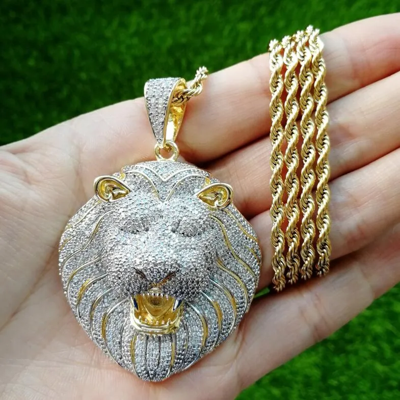 Łańcuch duży wisiorki męskie biżuteria Hip Hop Luksusowy designer Naszyjnik Bling Diamond Lion Animal Rapper DJ Accessories172s