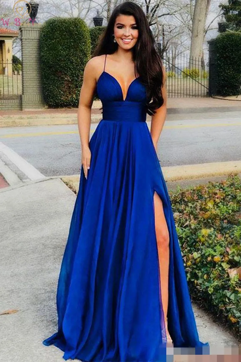 Azul Royal Simples Uma Linha Vestidos de Baile Longo 2019 Profundo V Pescoço robes de soirée vestidos de festa formal vestidos de festa