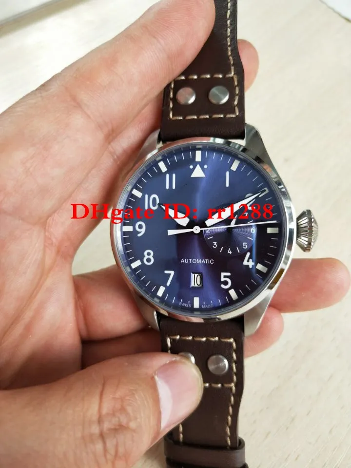 Hoge Kwaliteit Horloge Nieuwe Big Pilot 7 Day Power Reserve IW501002 Automatische Dag Datum Blue Dial Bruin Lederen Horloges Herenhorloge Horloges