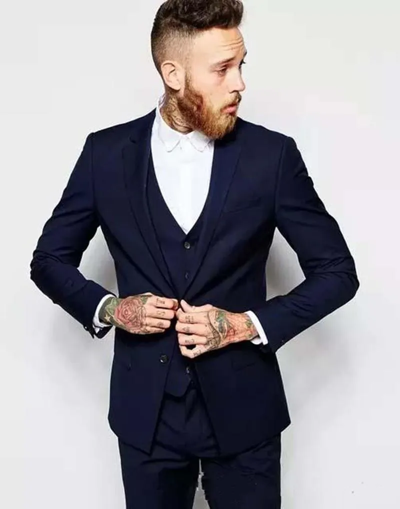 Navy Blue Groom Tuxedos Notch Lapel Groomsman Wedding 3 Piece Suit Moda Mężczyźni Business Party Party Jacket Blazer (Kurtka + spodnie + krawat + kamizelka) 2278 \ t