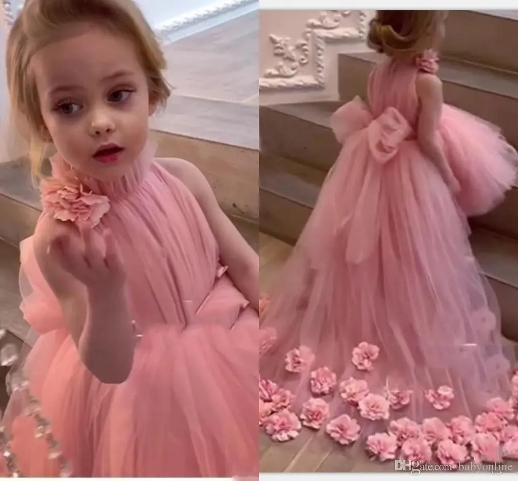 Handmade Pink Princess Wedding Flower Dresses With High Neck And
